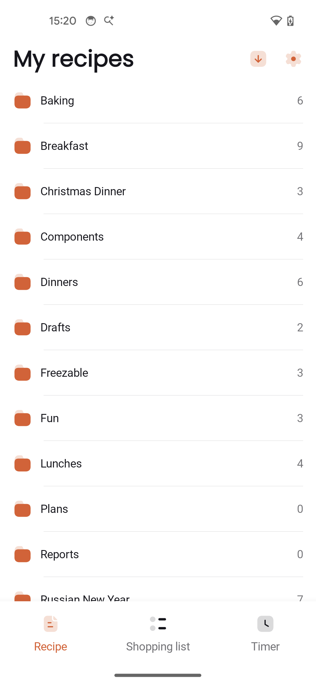 My Recipes screen showing cookbook folders