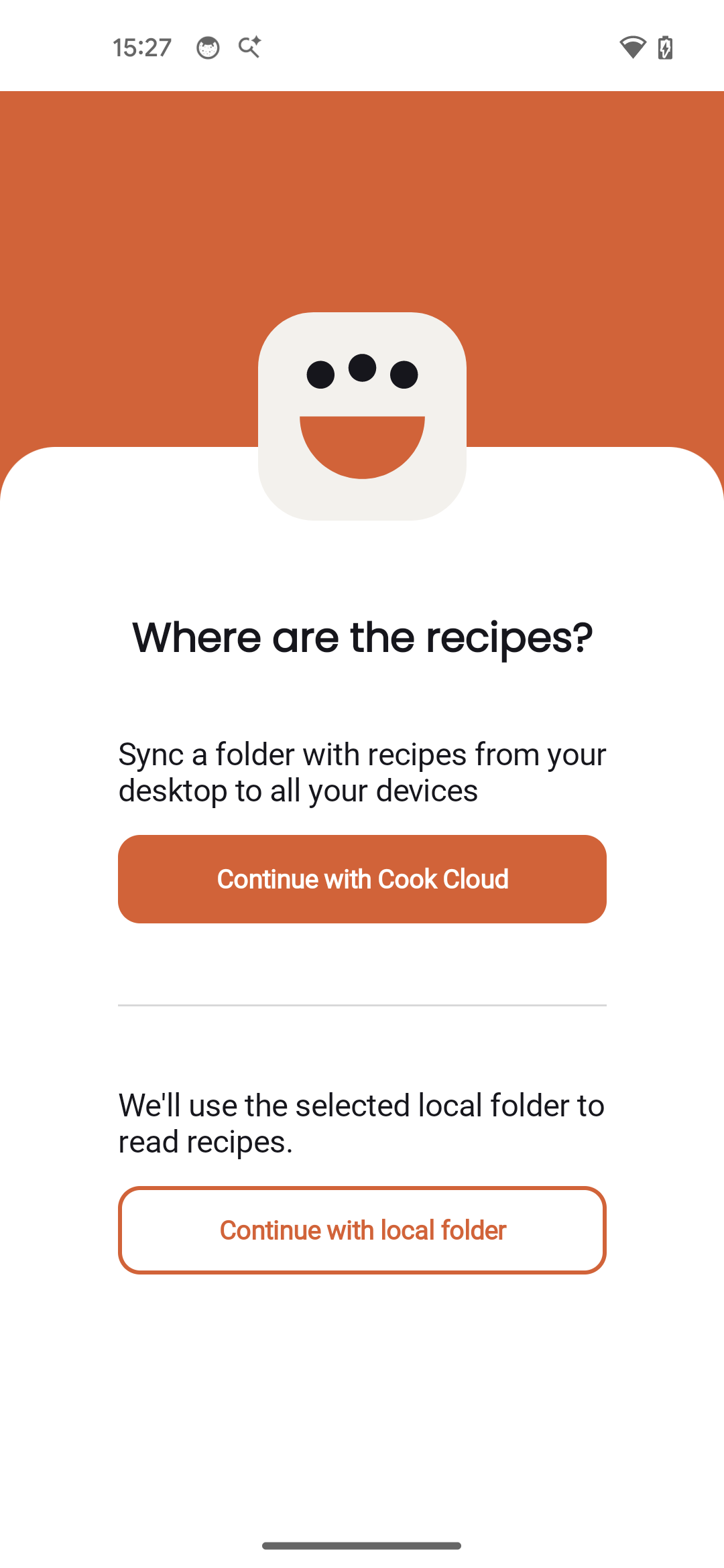 Welcome screen with sync options