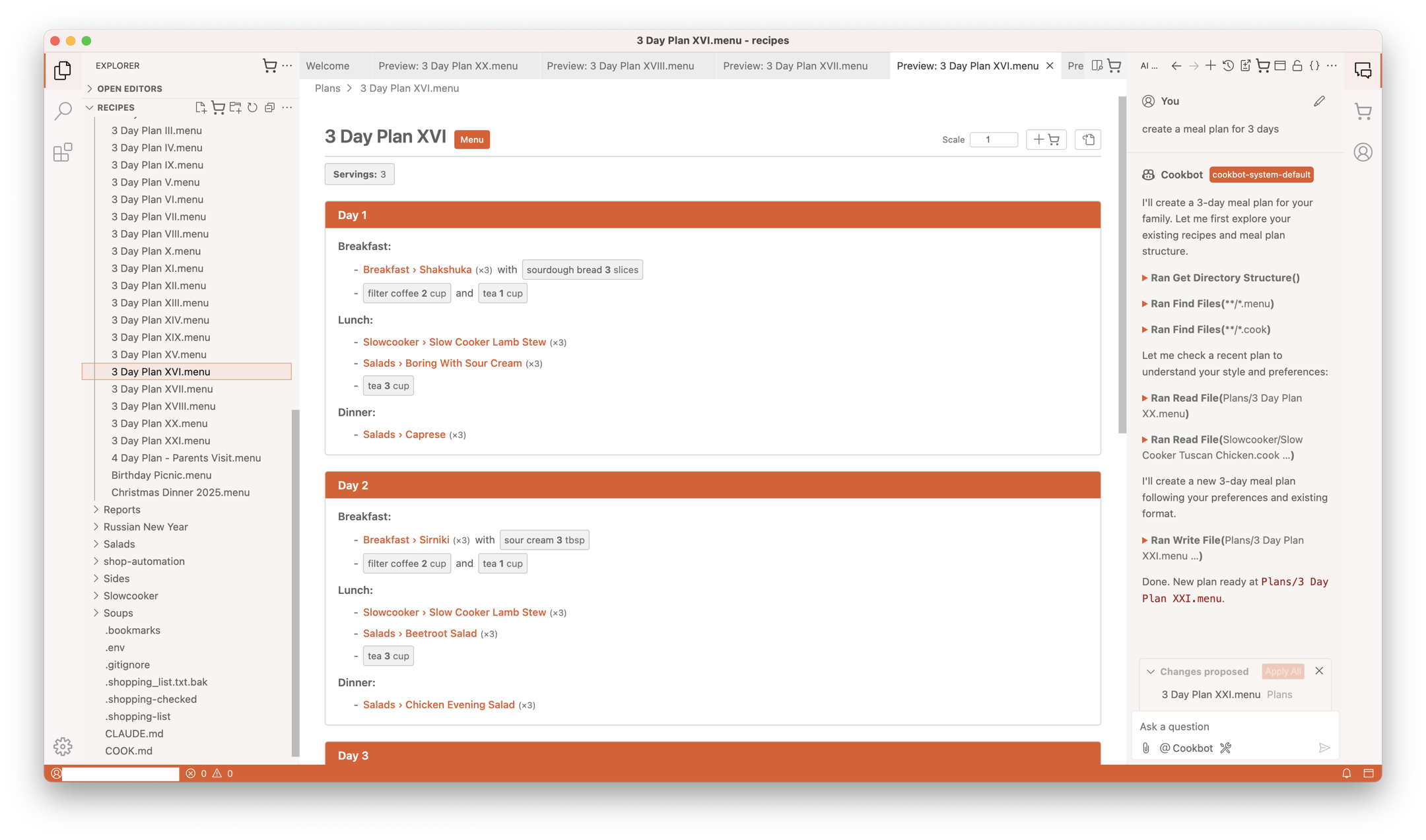 Cook Editor showing a multi-day meal plan rendered from a .menu file