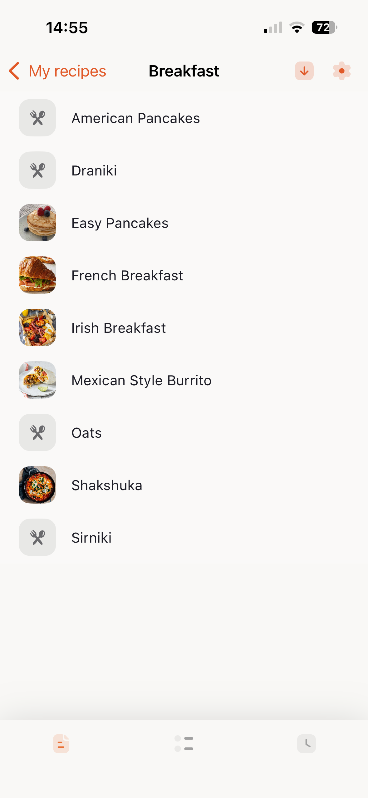 Recipe list inside a cookbook