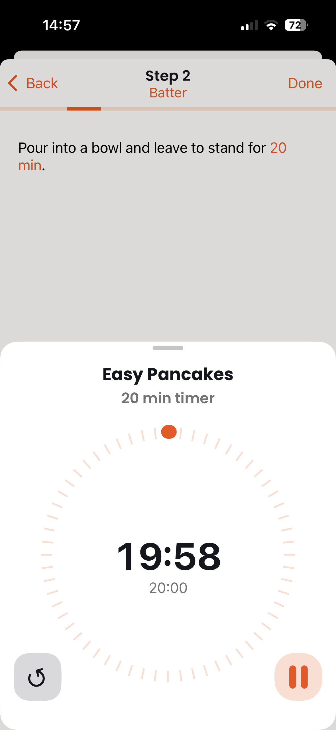 iOS app showing cooking mode with a running timer