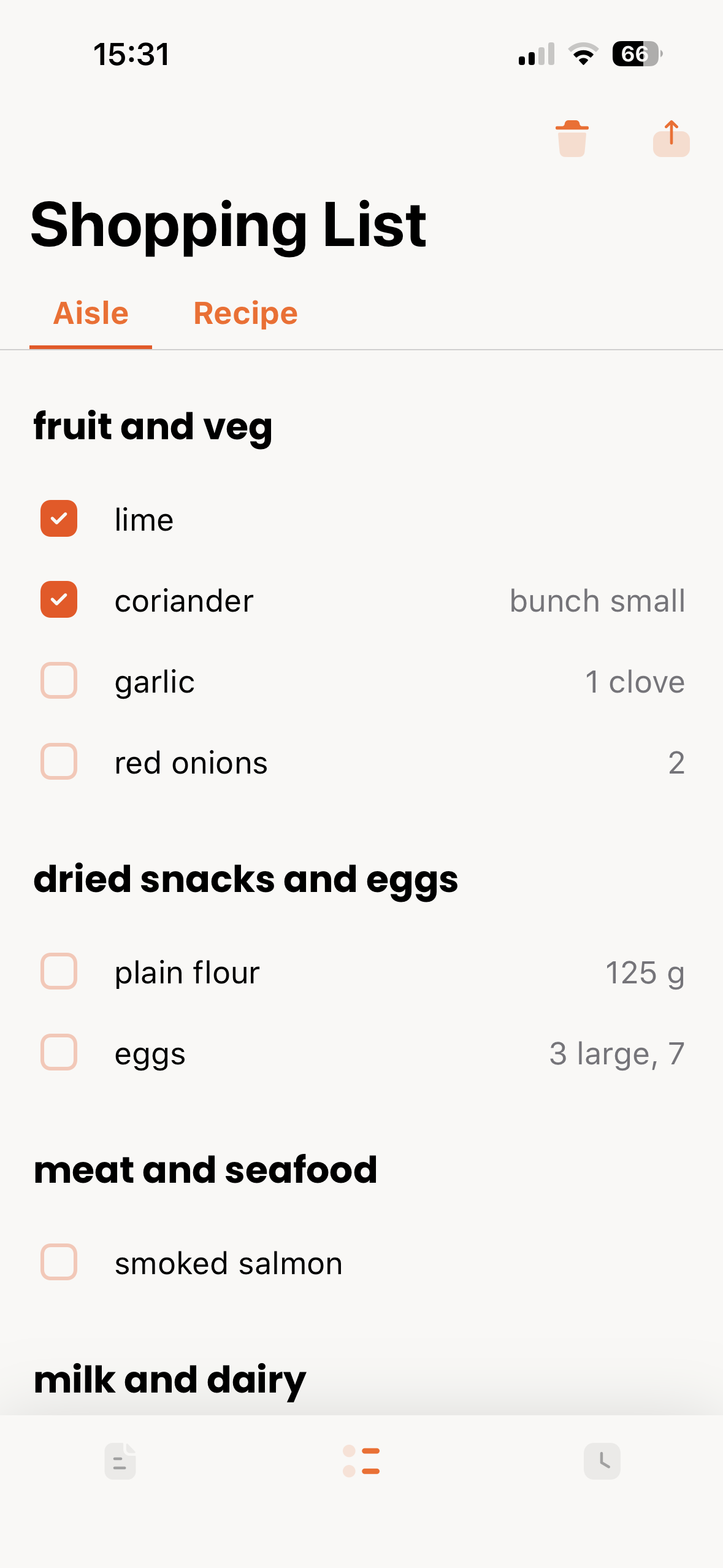 Shopping list organized by aisle