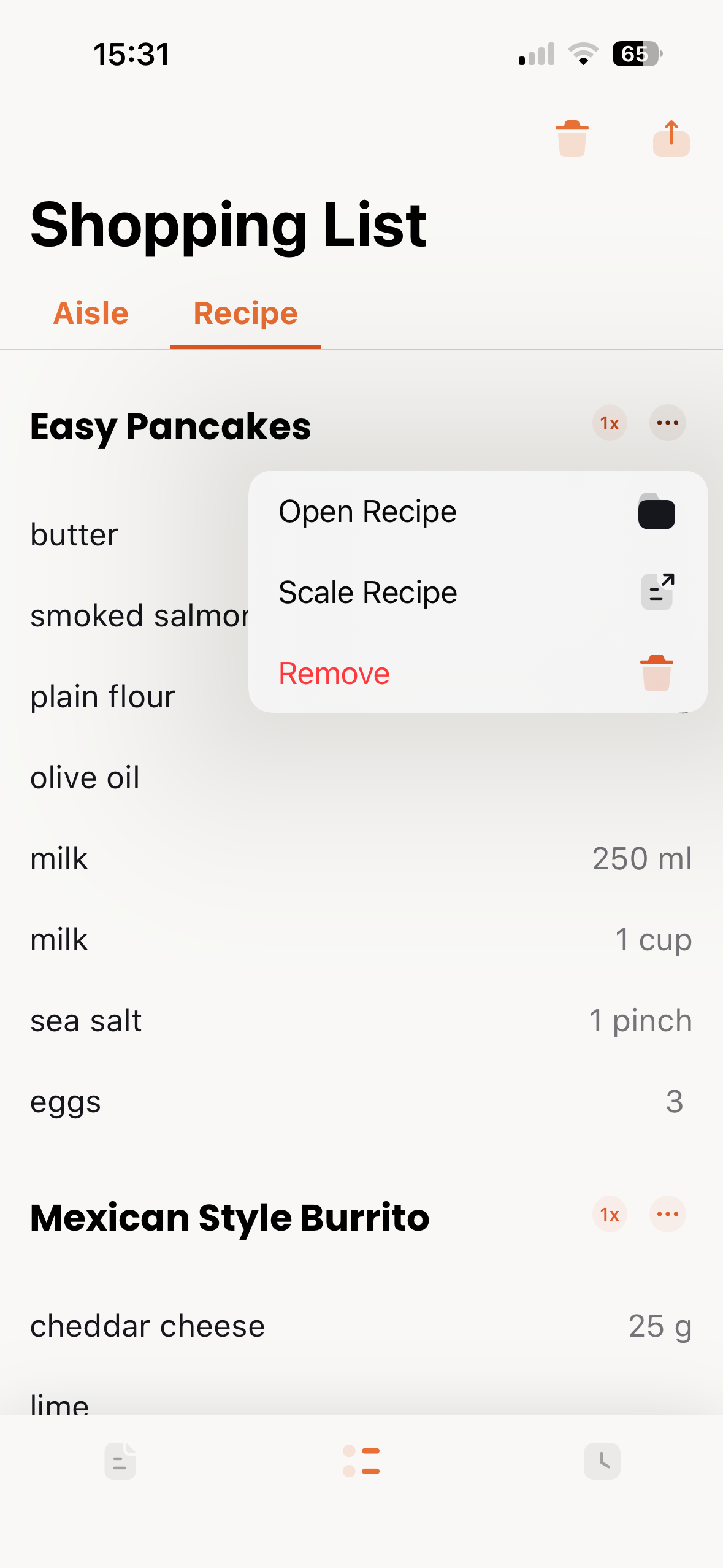 Recipe context menu with Open, Scale, and Remove options